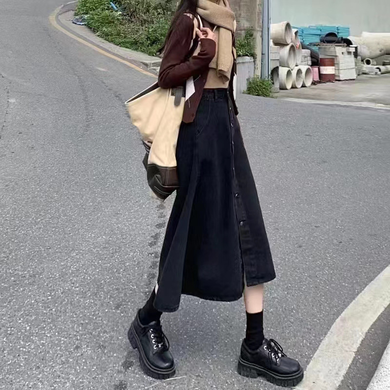 大きいヤードの婦人服の太ったmmの高い腰のデニムは明らかにやせて肉を隠します半身スカートの秋の新型の女性の腹を隠しますス