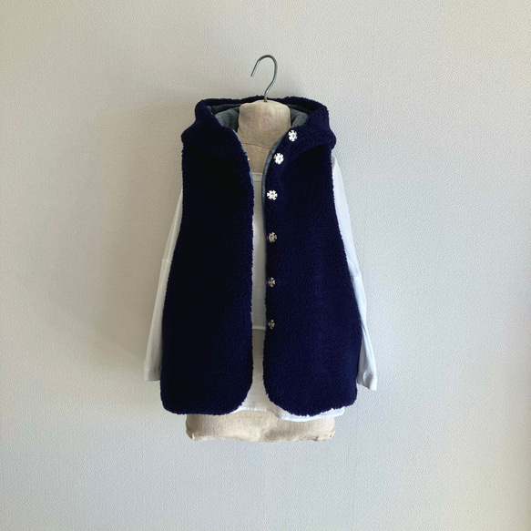 ボア×フリース フードベスト ネイビー×オフ ベスト blueen 通販