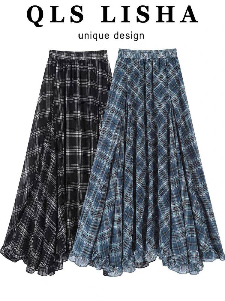 MMの韓国系格紋の不規則な半身スカートの女性春と秋の大きいサイズの300斤のカジュアルな垂れ下がった感の雪紡の長いスカー