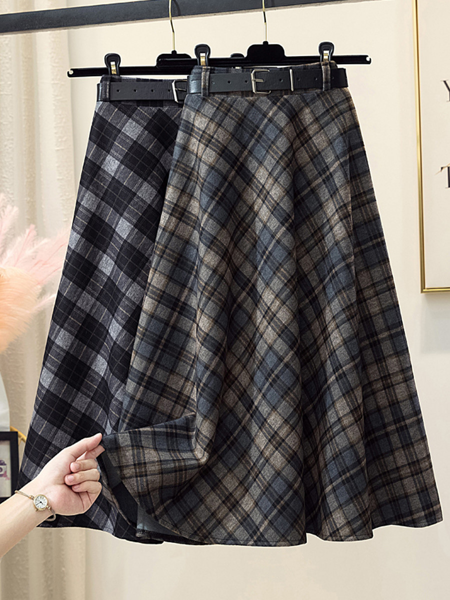 ハイウエストで痩せて見えます秋冬チェックの半身スカート女子丈小柄な大きい振り子のa字レトロな傘スカート垂らし感の長いスカ