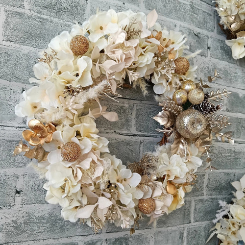 Xmas】ホワイト×シャンパンゴールドのクリスマスリース 2025 白 壁掛け