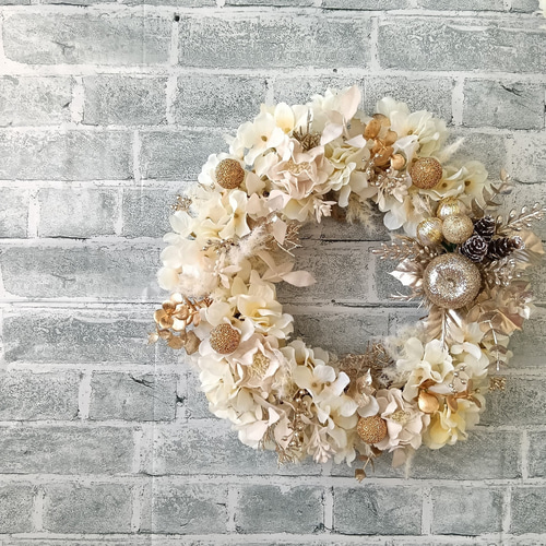 造花♪クリスマスリース♪ Xmas】ホワイト×シャンパンゴールドのクリスマスリース 2025 白 壁掛け