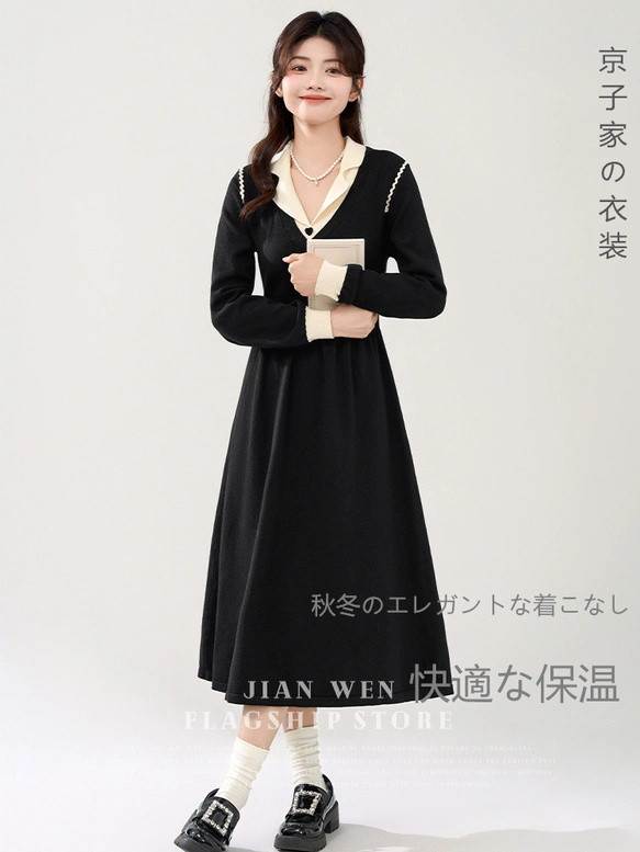 #高級感#旅行#小人数#2025秋冬新作フレンチシックフェイクVネックワンピースレディースハイウエストミディアムスカー