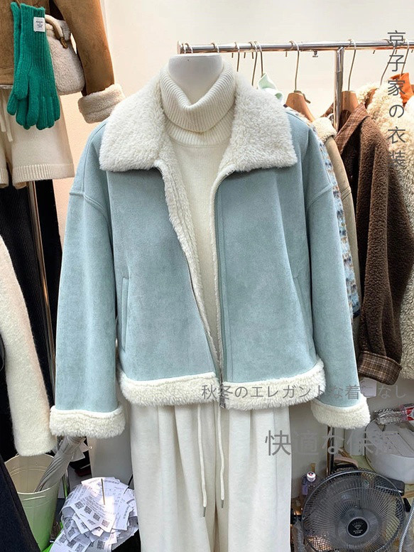 冬の韓国系開襟子羊の毛を厚くした保温鹿の毛皮のコート女性小柄毛皮一体ファスナーの上着