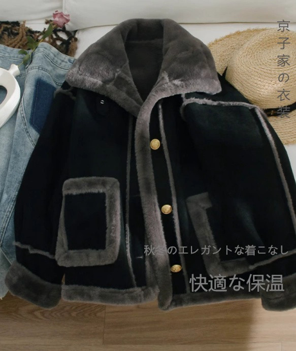 #高級感#旅行#小人数#黒スエード毛皮一体コートレディース冬の新作レトロで厚手の毛皮のトップスなる