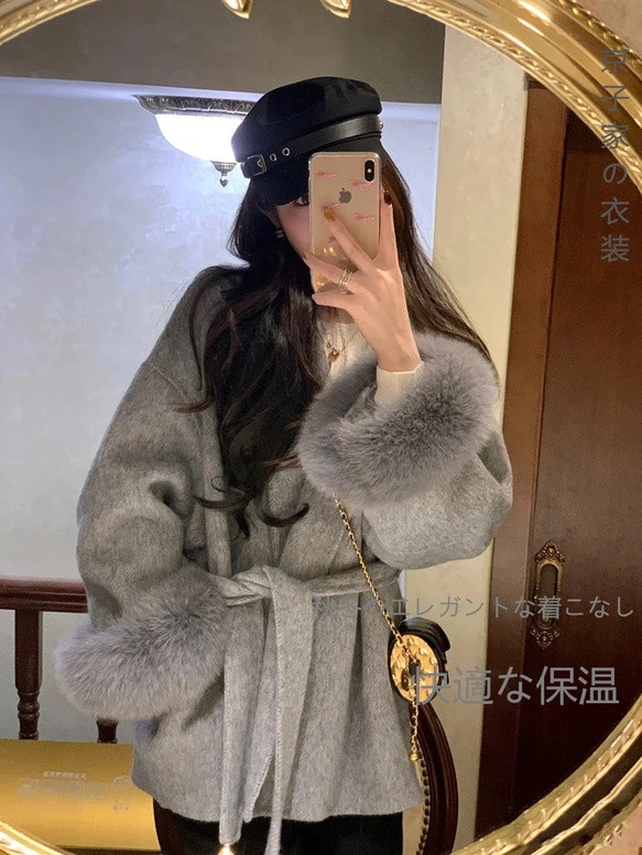 2025冬の新作リバーシブルカシミヤコート女性ショート丈小柄取り外し可能狐の毛気質ウールコート