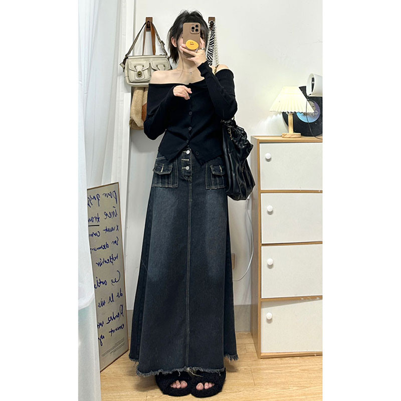 300斤大きいサイズの婦人服のデニムの半身のスカート女性の春秋の新型のスカートの太ったmmは腹を隠してやせて見えます中の