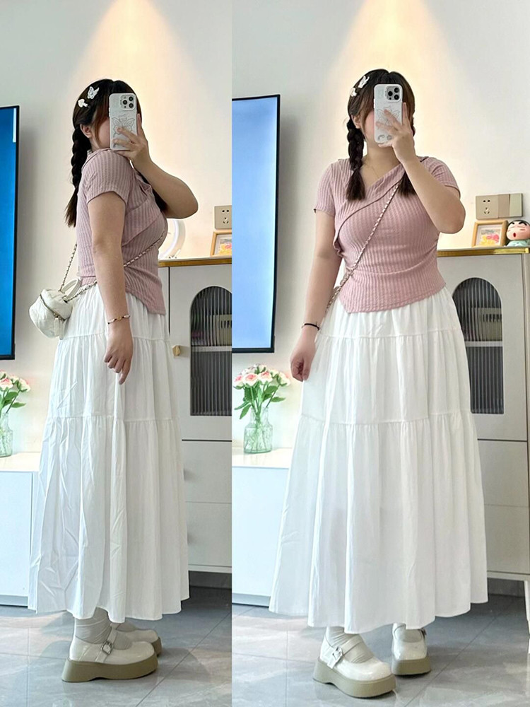 300斤大きいサイズの女性の夏の新型の長いスカートの白い半身スカート高い腰はやせて見えます肉のa字スカートを隠します
