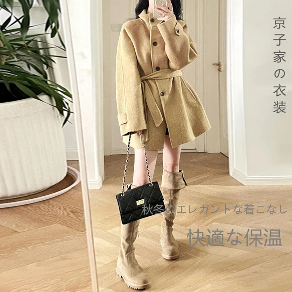 #高級感#旅行#小人数#カーキ色リバーシブルウールラシャコートレディース2025年秋冬新作高級感ショート丈小柄