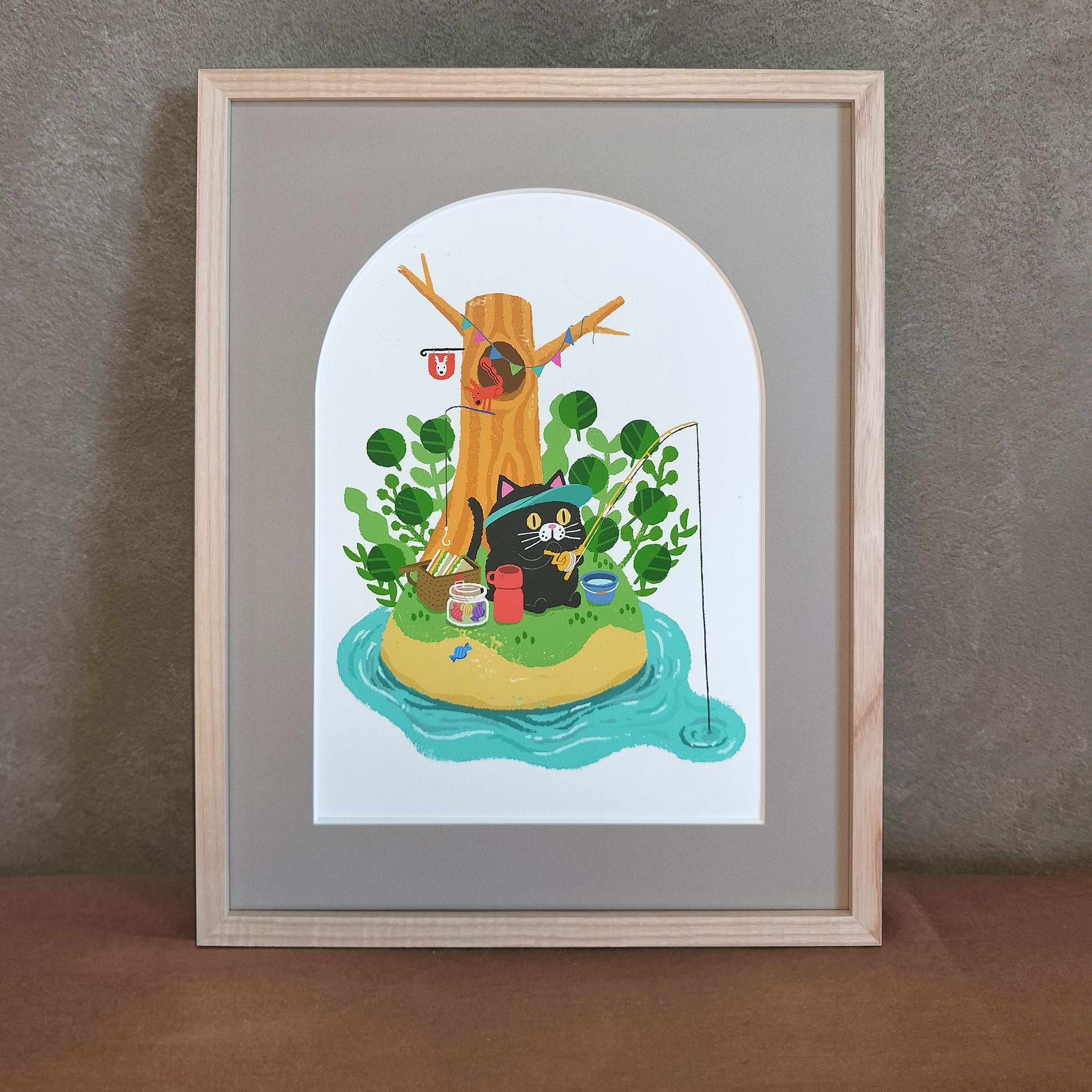 額装イラスト「釣れるかなおいしい獲物」