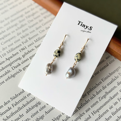 大人可愛い✴︎ダルメシアンジャスパー&淡水パール✴︎All 14Kgfピアス 2枚目の画像