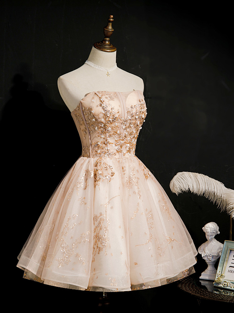 シャンパン色 オフショルダー グリッター プリンセス 綺麗 パーティードレス 二次会 ウェディングドレス LJ-491
