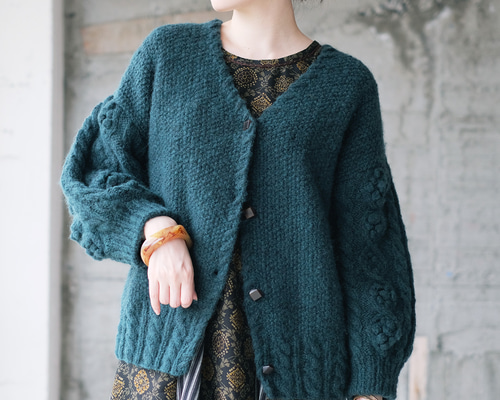 あったかウール♡手編みニットカーディガン（22w-12）ピーコック