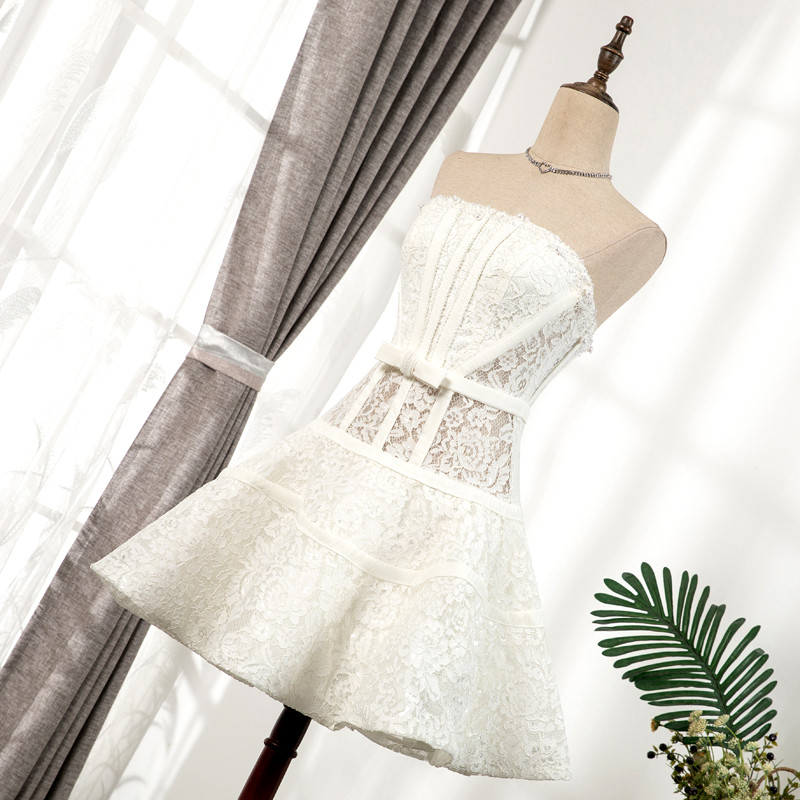 白 レース オフショルダー ショート丈 プリンセス 綺麗 パーティードレス 二次会 ウェディングドレス LJ-479