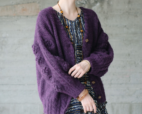 あったかウール♡手編みニットカーディガン（22w-12）パープル ニット