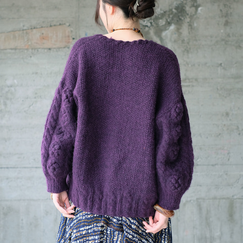 あったかウール♡手編みニットカーディガン（22w-12）パープル ニット 