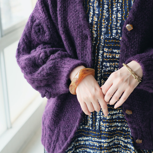 あったかウール♡手編みニットカーディガン（22w-12）パープル ニット