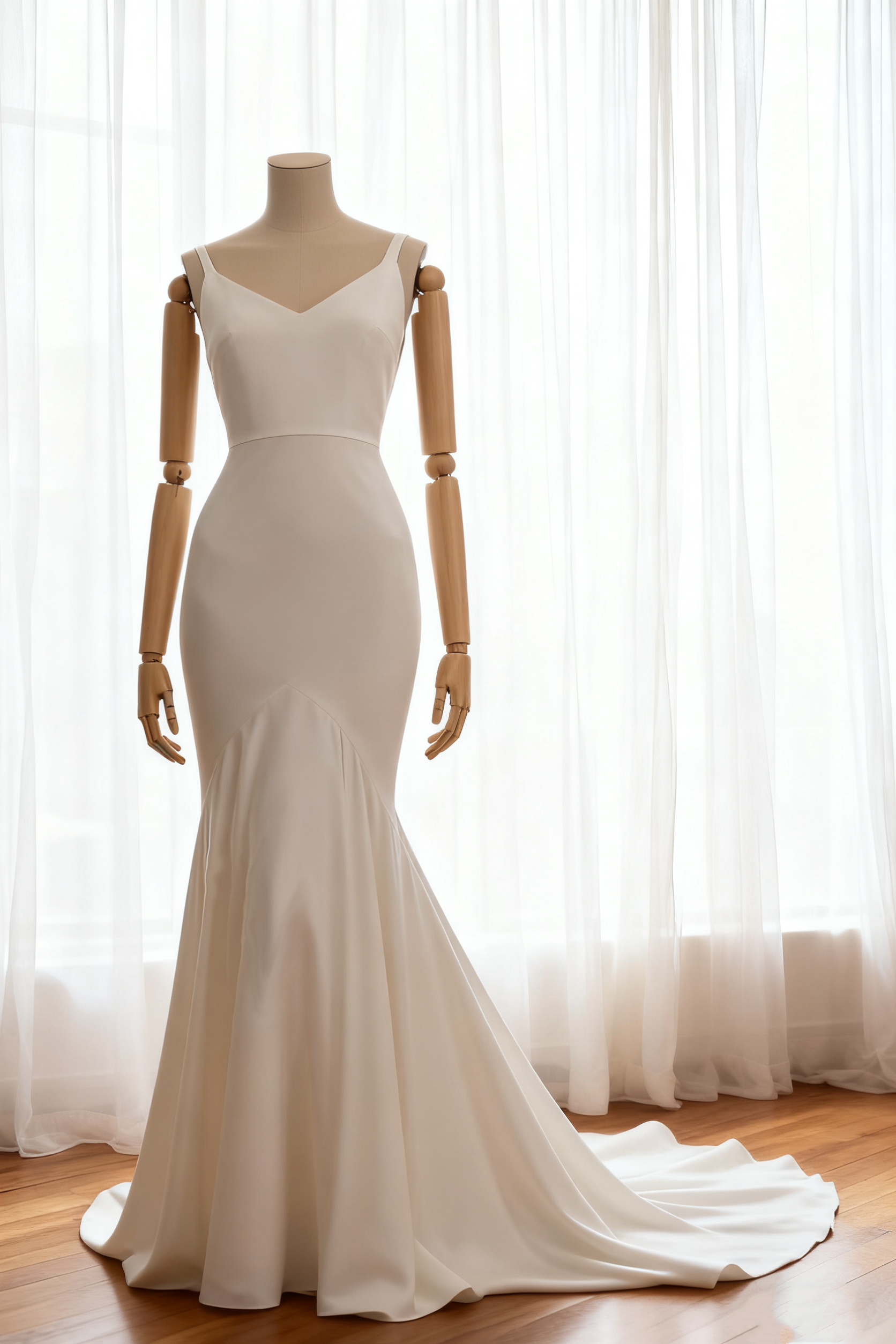 送料無料！ウェディングドレス キャミソール マーメイド 細見えシルエット Vネックドレス ロングトレーン 結婚式