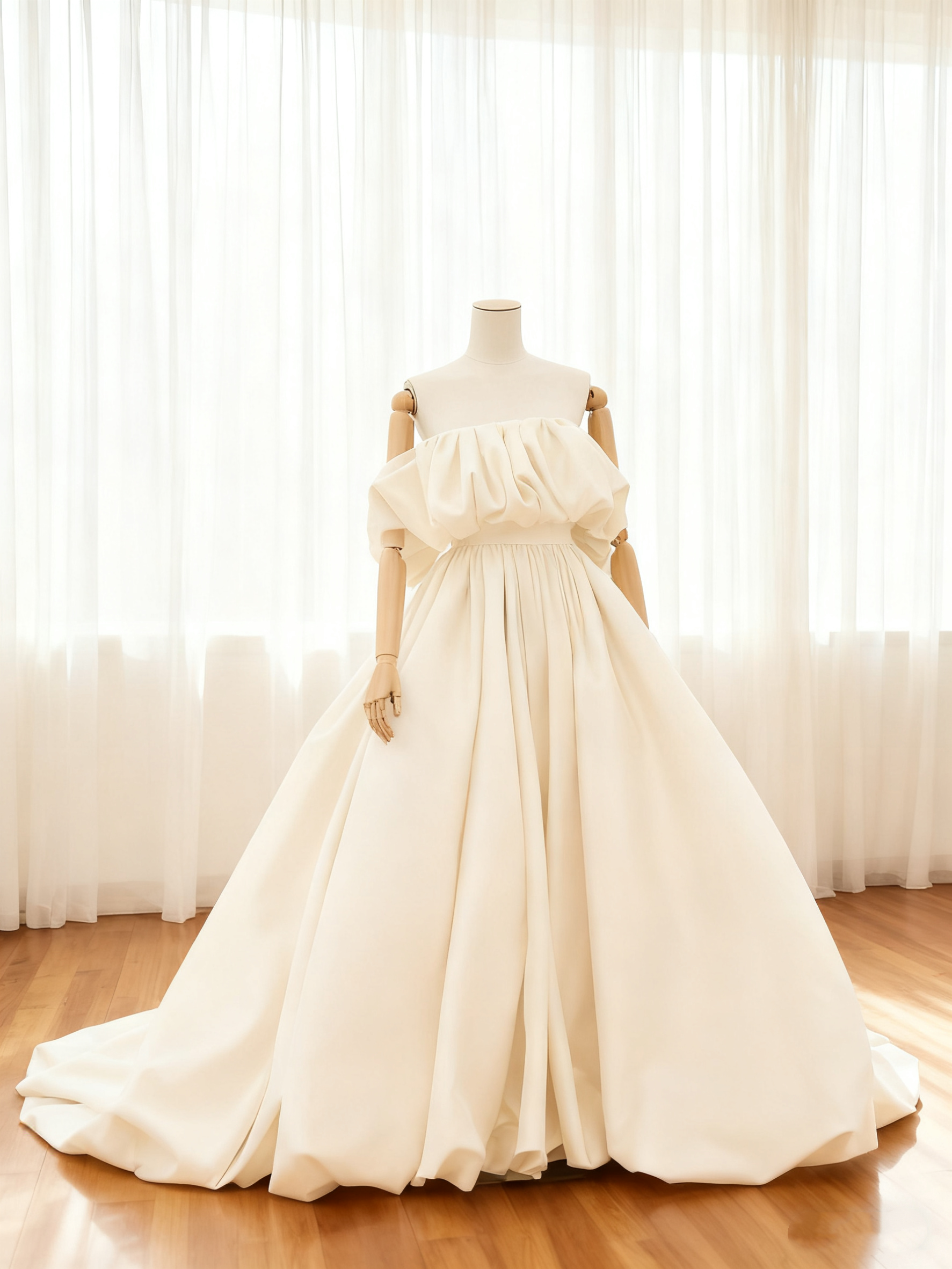 送料無料！コウェディングドレス オフホワイト ベアトップ フレアスカート 結婚式 ブライダル ラッフルフリル