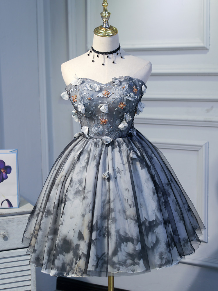 グレー オフショルダー ショート丈 立体花 プリンセス 綺麗 パーティードレス 二次会 ウェディングドレス LJ-057