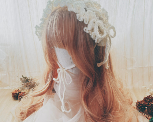 ♡3点No.2 天使のうさぎさん付き 編み上げリボンヘッドドレス white