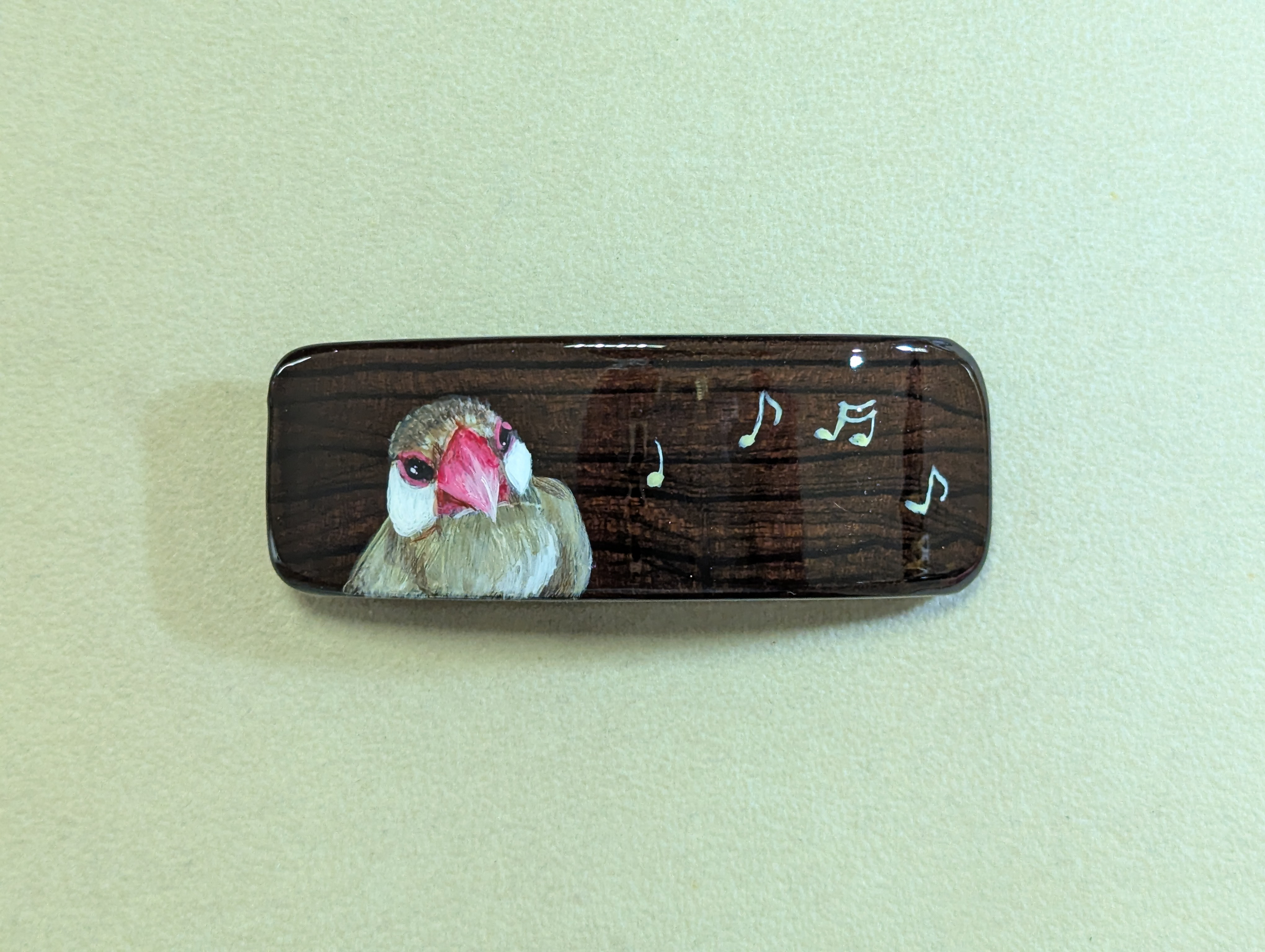 木製　バレッタ　手描き（　シナモン文鳥　）