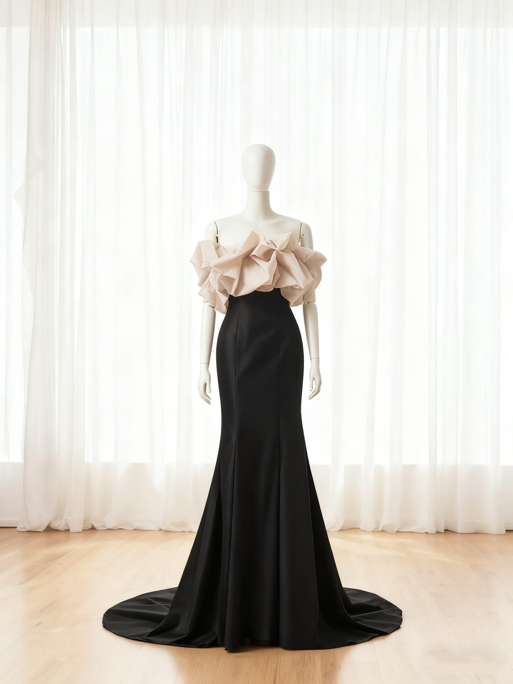 送料無料！パーティードレス マーメイドライン ベアトップ ミカドサテン 披露宴 前撮り ラッフルフリル