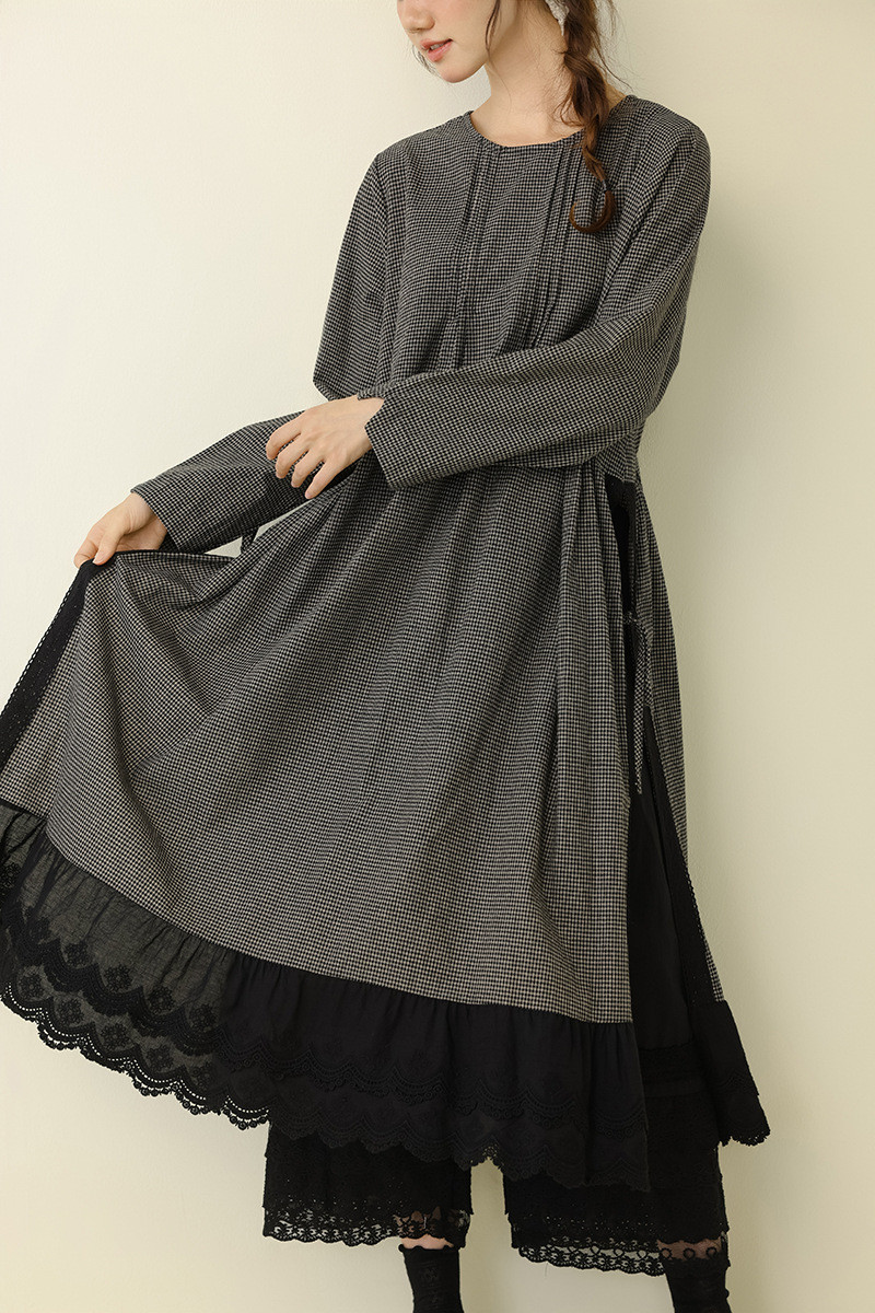 アート風レトロ 小柄チェック スリットデザイン ロングスリーブ ワンピース  25秋新作&14