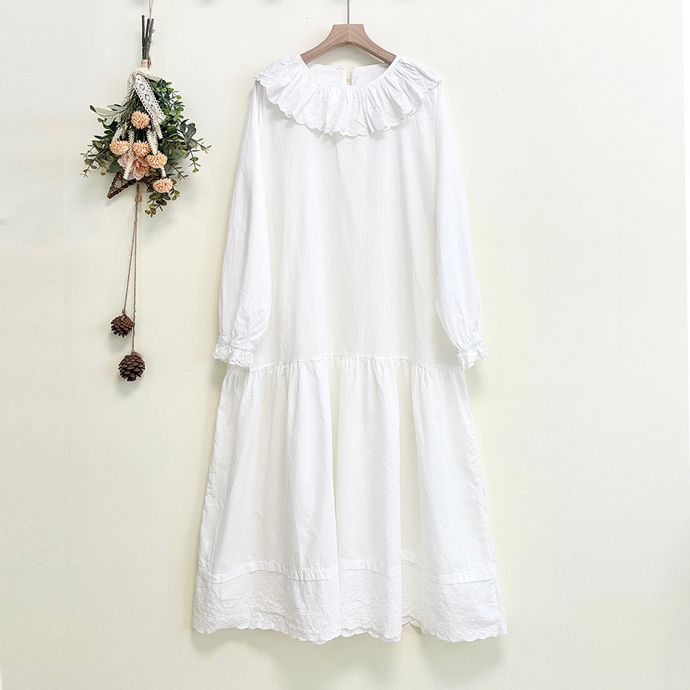 レースカラー ソリッドカラー ロングスリーブ ルーズフィット ワンピース  25秋新作&18