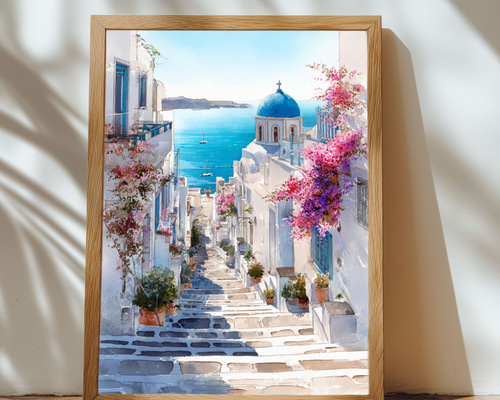 ギリシャ・ミコノス島の美しい街並みとエーゲ海 インテリアアート 風景