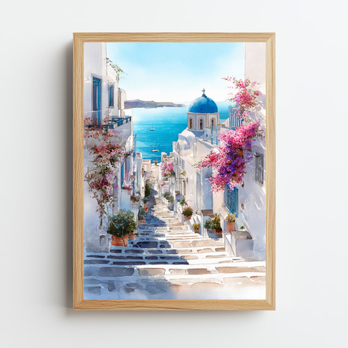 ギリシャ・ミコノス島の美しい街並みとエーゲ海 インテリアアート 風景