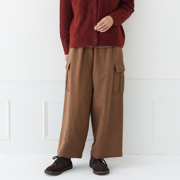 【30％OFF】ほっこり暖か ウエスト総ゴム コットン綾起毛 カーゴパンツ