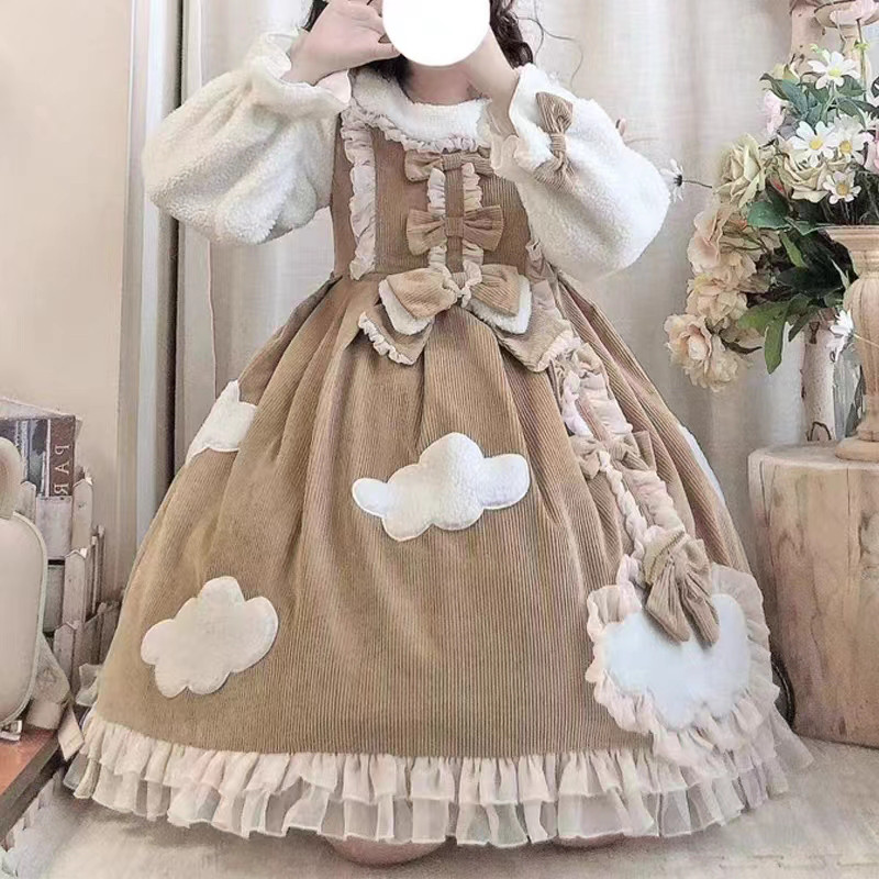 ロリータワンピース  lolitaドレス  洋服   3点セット（ワンピース+ヘアバンド+パニエ）姫系コスプレ★ブラウン