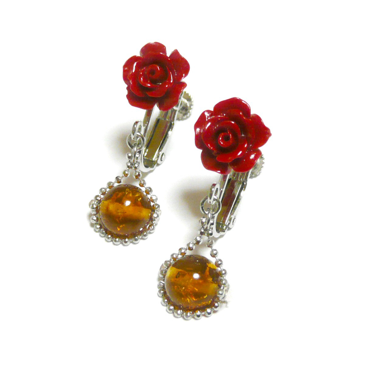 赤珊瑚 薔薇 10mm 琥珀 丸珠 アンバー 8mm 連なる イヤリング こはく フラワー 【 印象派 】