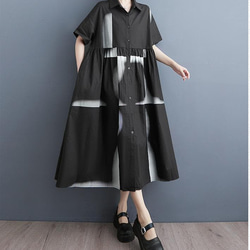 大きいサイズ シャツワンピース 半袖 アート柄 ゆったり 体型カバー 黒 3枚目の画像