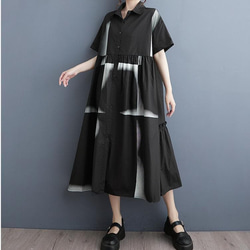 大きいサイズ シャツワンピース 半袖 アート柄 ゆったり 体型カバー 黒 5枚目の画像