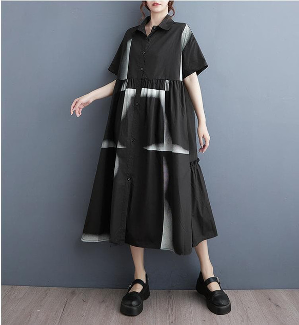 大きいサイズ シャツワンピース 半袖 アート柄 ゆったり 体型カバー 黒 5枚目の画像