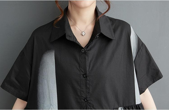 大きいサイズ シャツワンピース 半袖 アート柄 ゆったり 体型カバー 黒 8枚目の画像