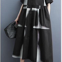 大きいサイズ シャツワンピース 半袖 アート柄 ゆったり 体型カバー 黒 4枚目の画像