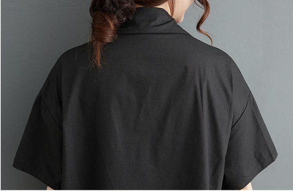 大きいサイズ シャツワンピース 半袖 アート柄 ゆったり 体型カバー 黒 9枚目の画像