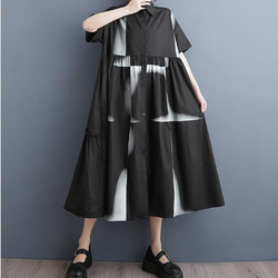 大きいサイズ シャツワンピース 半袖 アート柄 ゆったり 体型カバー 黒 1枚目の画像