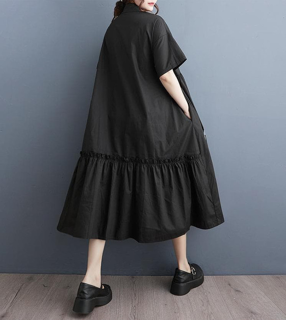 大きいサイズ シャツワンピース 半袖 アート柄 ゆったり 体型カバー 黒 7枚目の画像