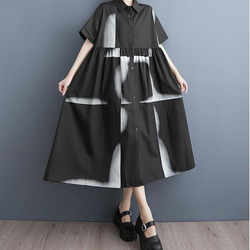 大きいサイズ シャツワンピース 半袖 アート柄 ゆったり 体型カバー 黒 6枚目の画像