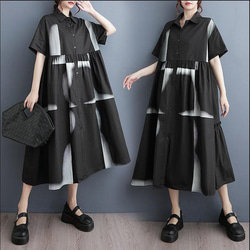 大きいサイズ シャツワンピース 半袖 アート柄 ゆったり 体型カバー 黒 2枚目の画像