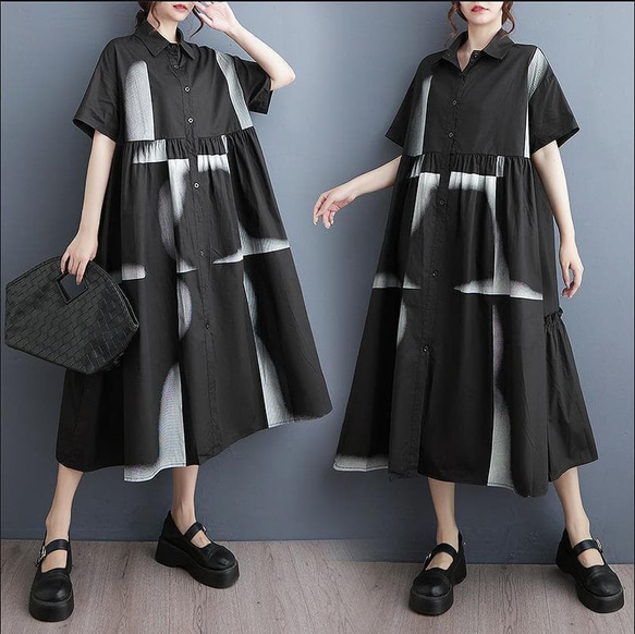 大きいサイズ シャツワンピース 半袖 アート柄 ゆったり 体型カバー 黒 2枚目の画像