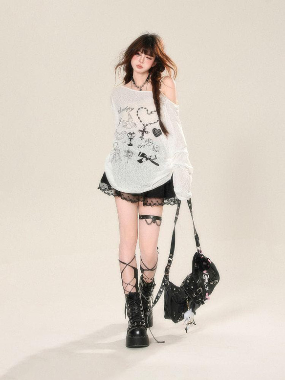 ❤️オーバーサイズ❤️透け感ロンT プ 地雷系 Y2K 春夏　半袖　新品 3枚目の画像