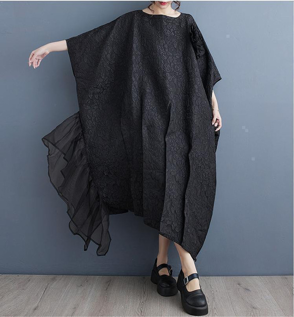 大きいサイズ レディース ロング　ワンピース　春夏　 秋　新品　ブラック 1枚目の画像