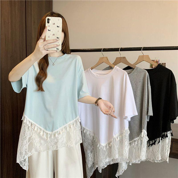 ❤️大きいサイズ❤️レース裾　トップス　半袖　レディース 春夏　新品 Tシャツ 1枚目の画像