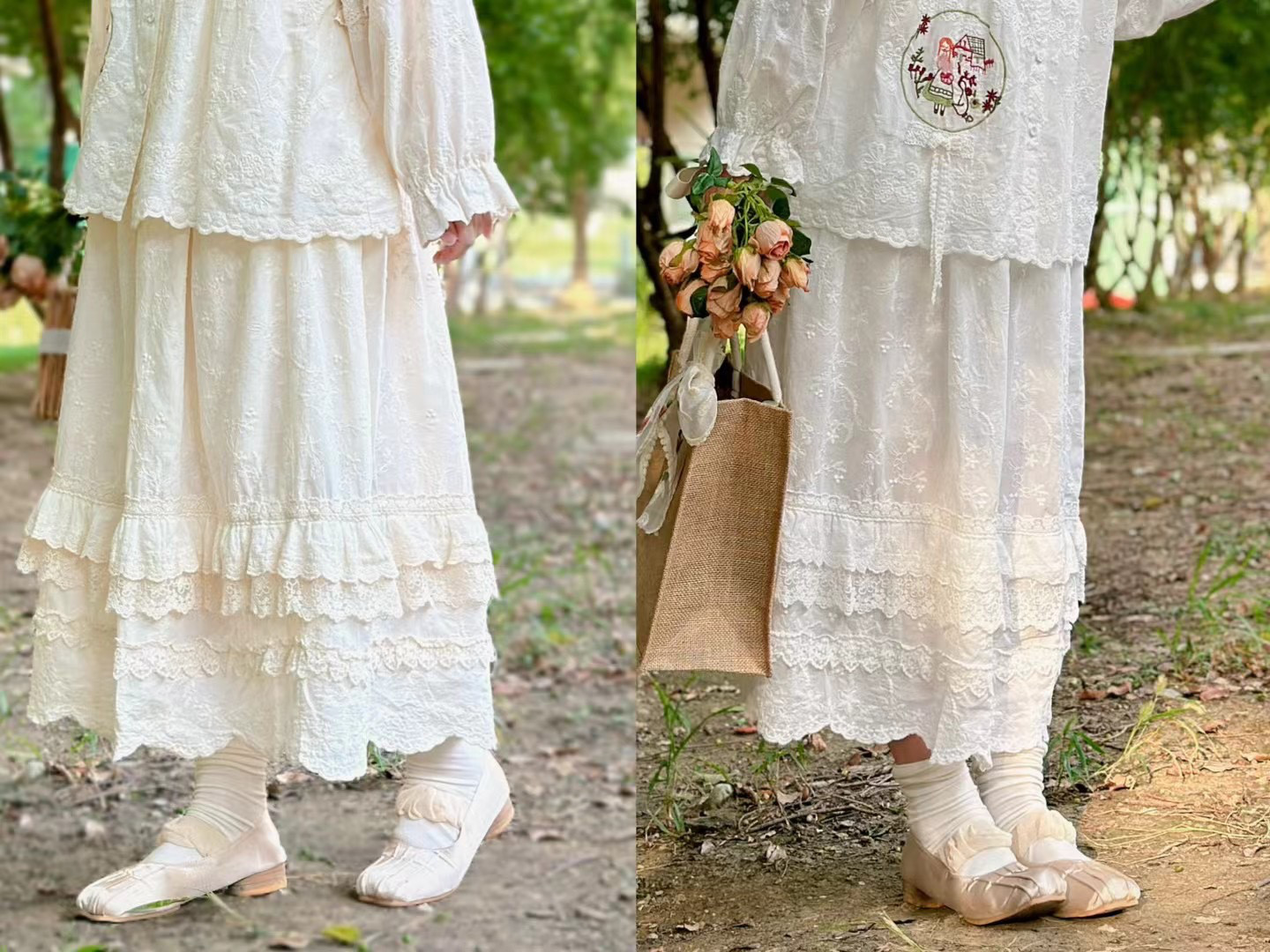 透け感のある刺繍レースの多層フリルミディスカート    25秋新作&22