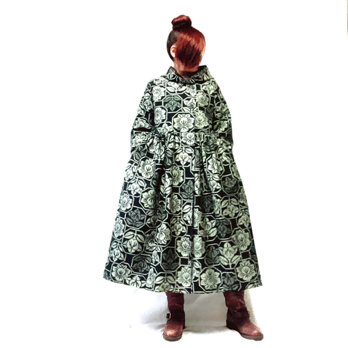 民芸紬織♡未使用反物から♡フード付きワンピース♡コート♡シルエット